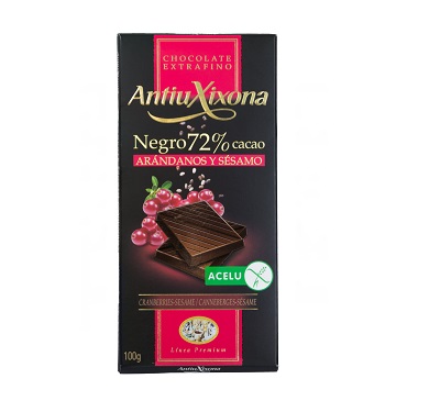 CHOCOLATE ANTIUXIXONA NEGRO 72% CON ARANDANOS Y SESAMO 90 GR